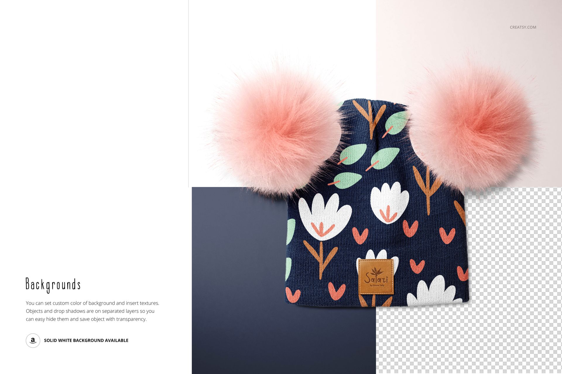 PSD mockup of a children’s beanie with fluffy pink pompons and colorful flower design, shown from the front.