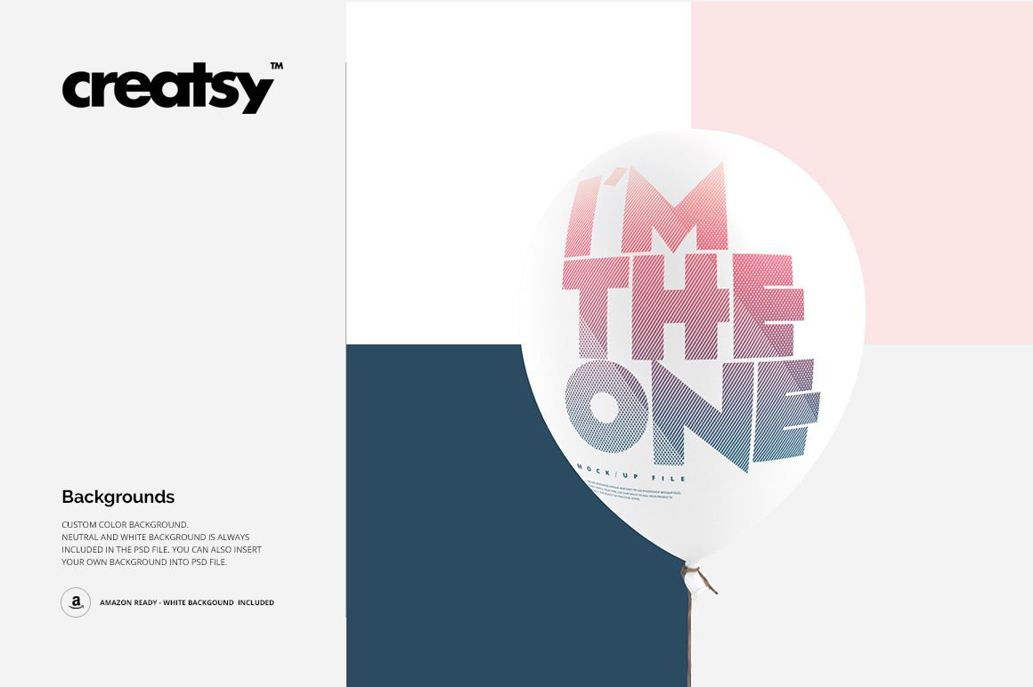 White balloon mockup featuring large gradient text, displayed on a grid of pink, navy, and white color panels.