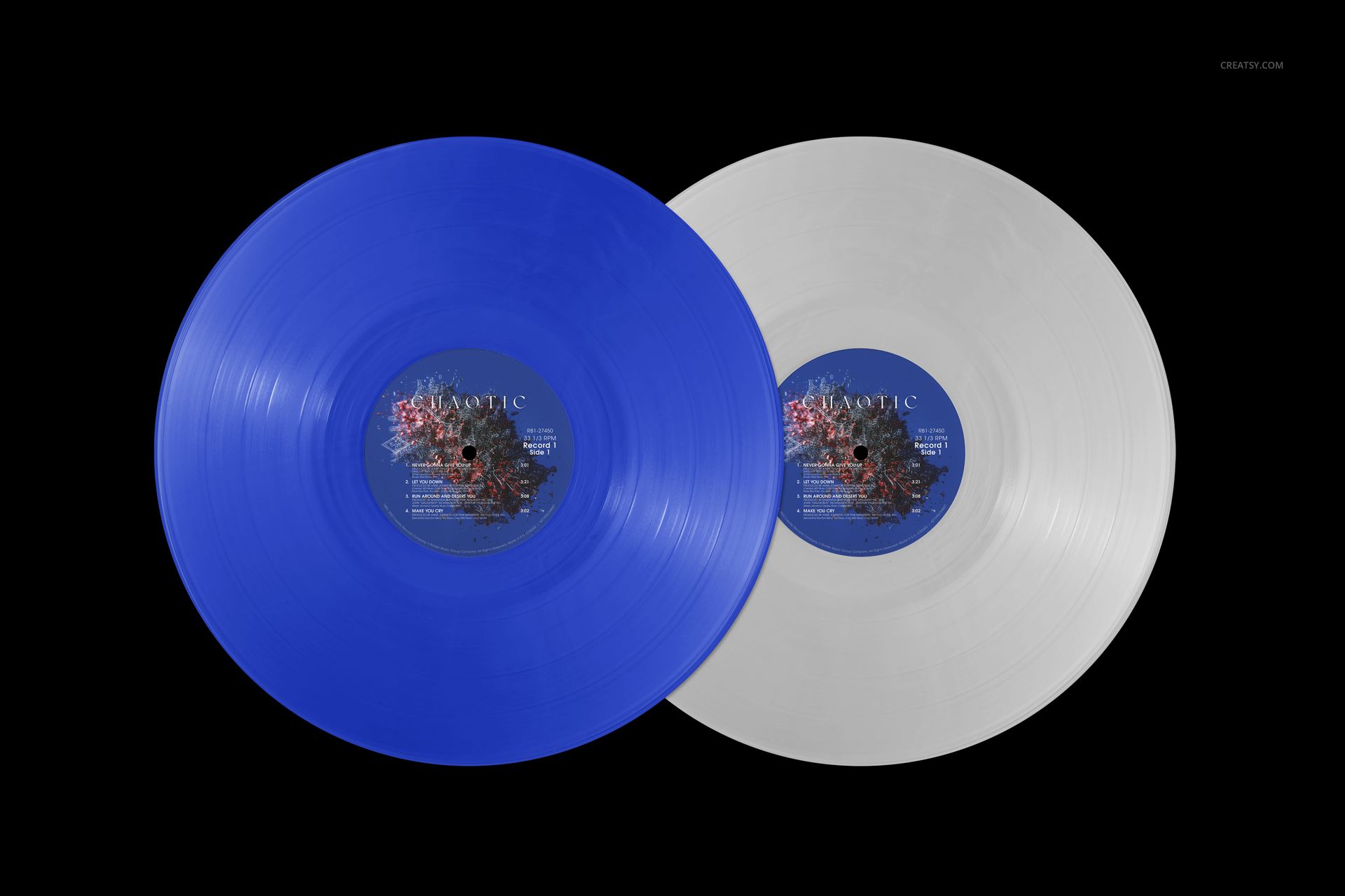 Colored vinyl record PSD mockup featuring a blue and a white disc, shown from above against a dark backdrop.
