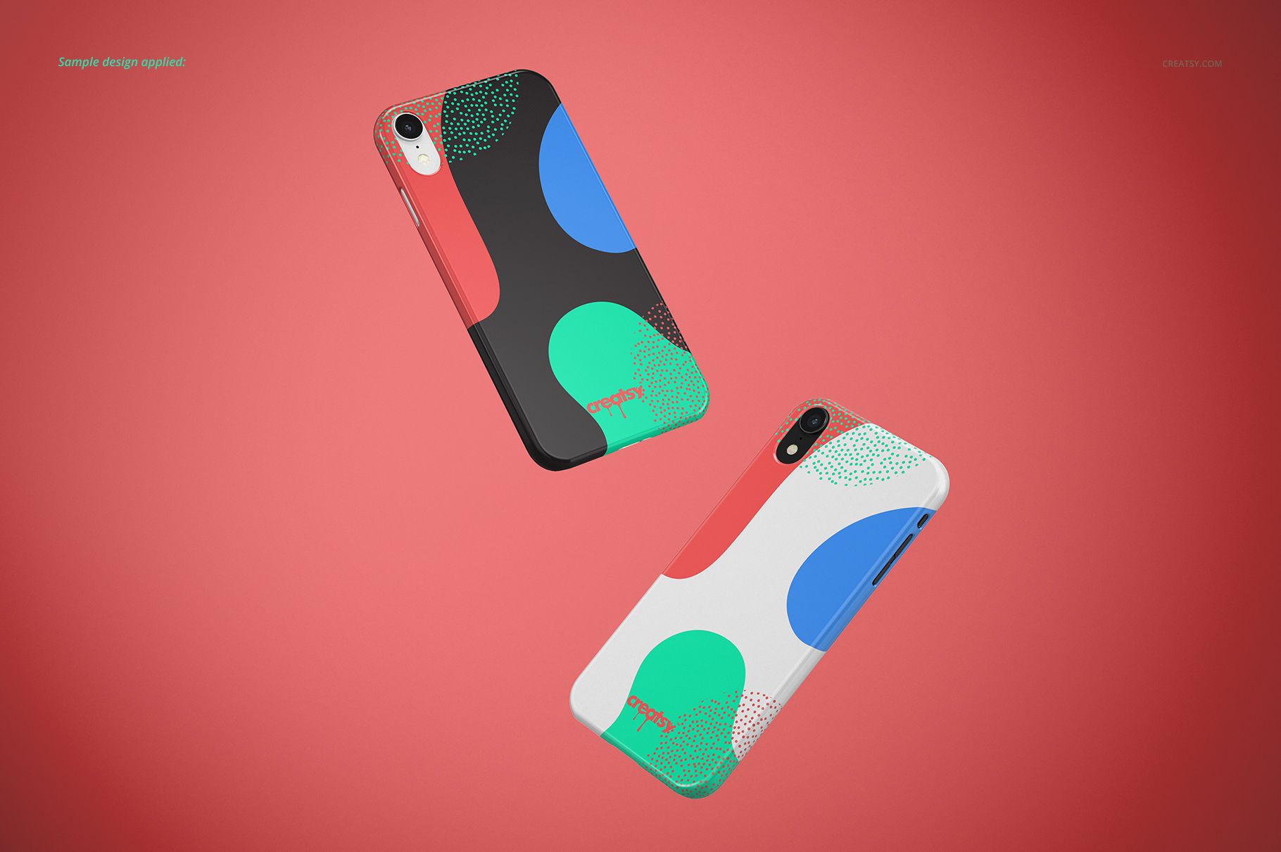 Glossy iPhone XR mockup cases with bold geometric shapes in blue, green, and red, displayed on a solid red backdrop.