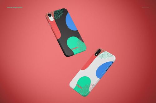 Glossy iPhone XR mockup cases with bold geometric shapes in blue, green, and red, displayed on a solid red backdrop.