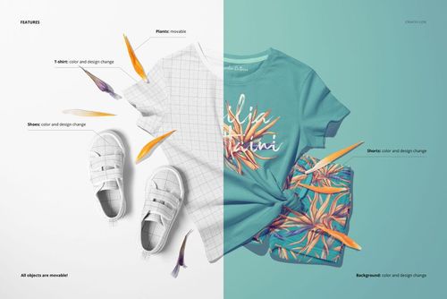 Flat lay of kids t-shirt, shorts, and shoes mockup with bird of paradise flowers on split white and teal background.