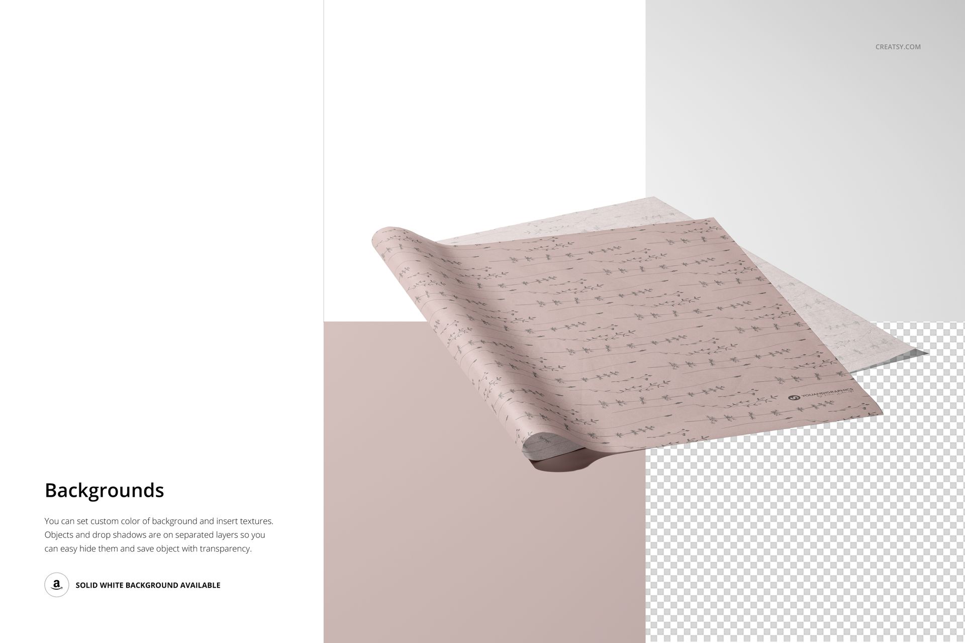 Rolled sheet of tissue paper with a subtle abstract pattern, shown in a PSD mockup on a white and transparent background.