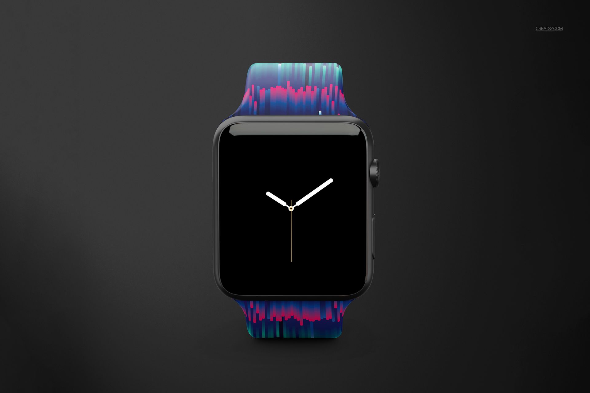 Front view of an Apple Watch with a colorful patterned band, displayed against a dark background in a mockup scene.