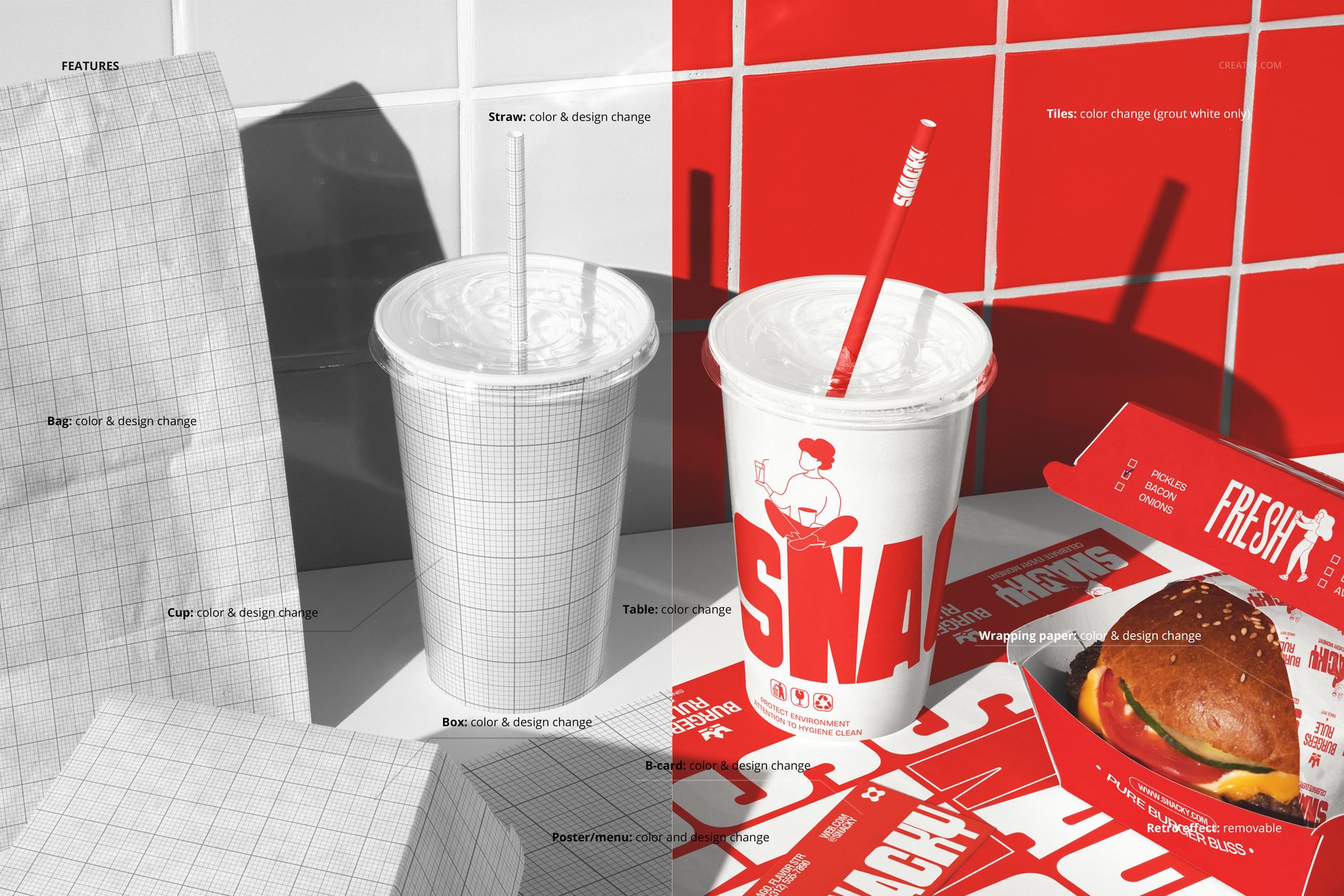 Burger branding mockup featuring a paper bag, burger box, and cups on a table, shown from a front angle.