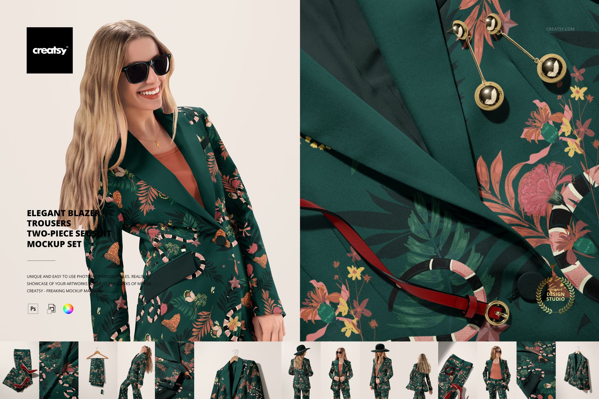 Close-up of a green floral patterned blazer with gold buttons, paired with matching trousers in a fashion mockup scene.