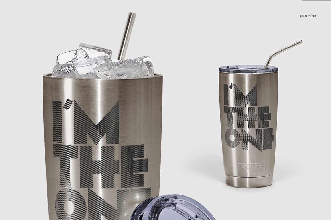 Front and angled views of a stainless steel tumbler with engraved text, ice cubes, and a metal straw on a white background.