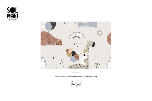 Children’s pajama mockup featuring a whimsical animal pattern with giraffe, bear, and balloons on a light background.