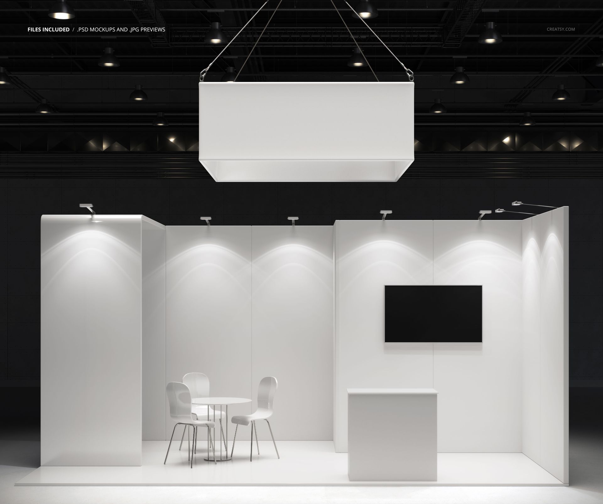Front view of a trade show booth mockup with white walls, a hanging rectangular sign, and minimal furniture.