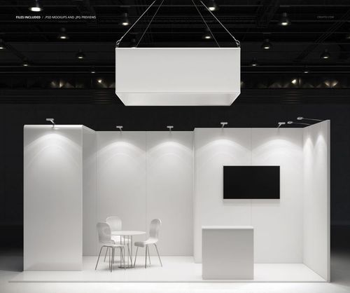 Front view of a trade show booth mockup with white walls, a hanging rectangular sign, and minimal furniture.