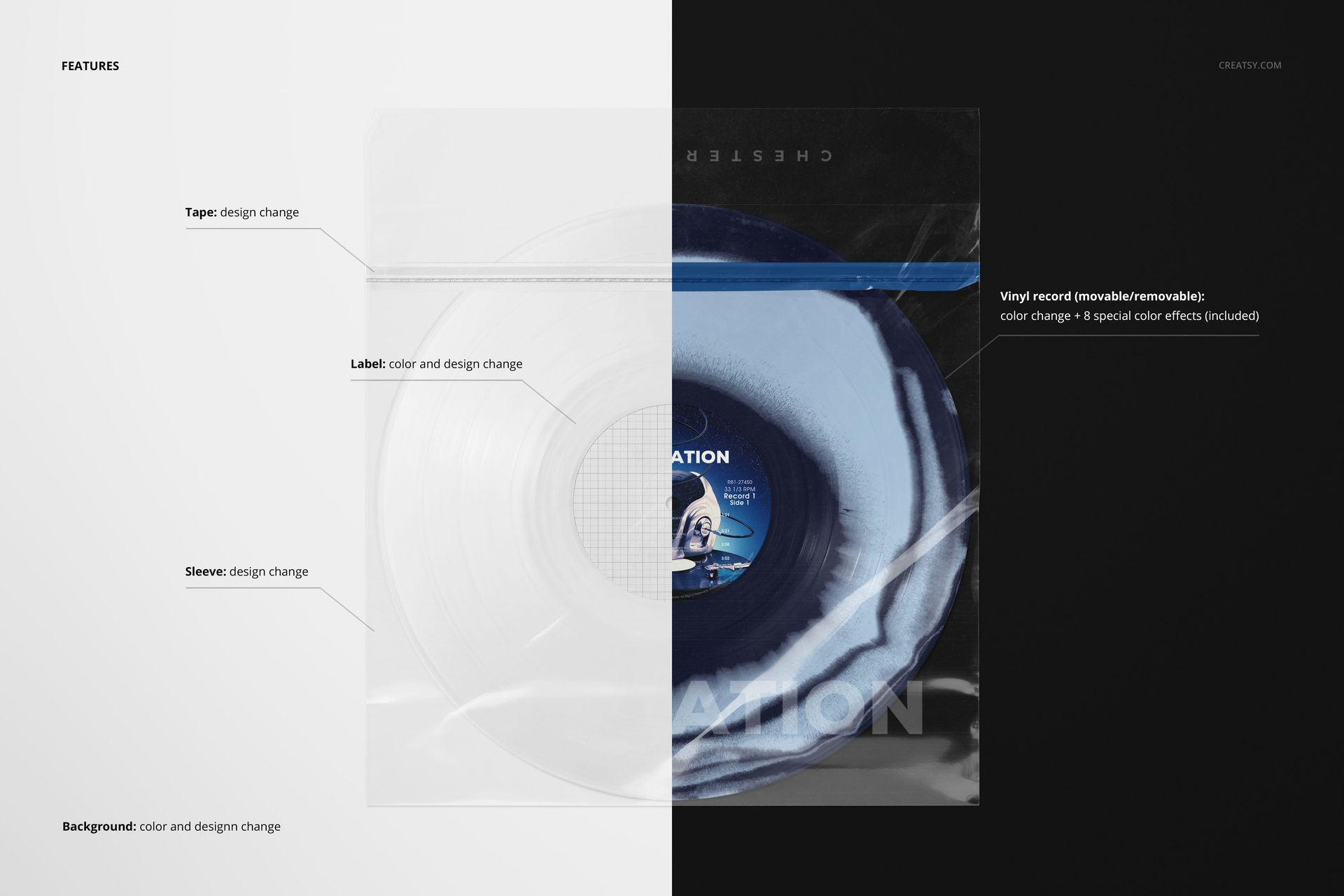 Vinyl record sleeve mockup set featuring a transparent sleeve and blue vinyl record, split between white and black backgrounds.