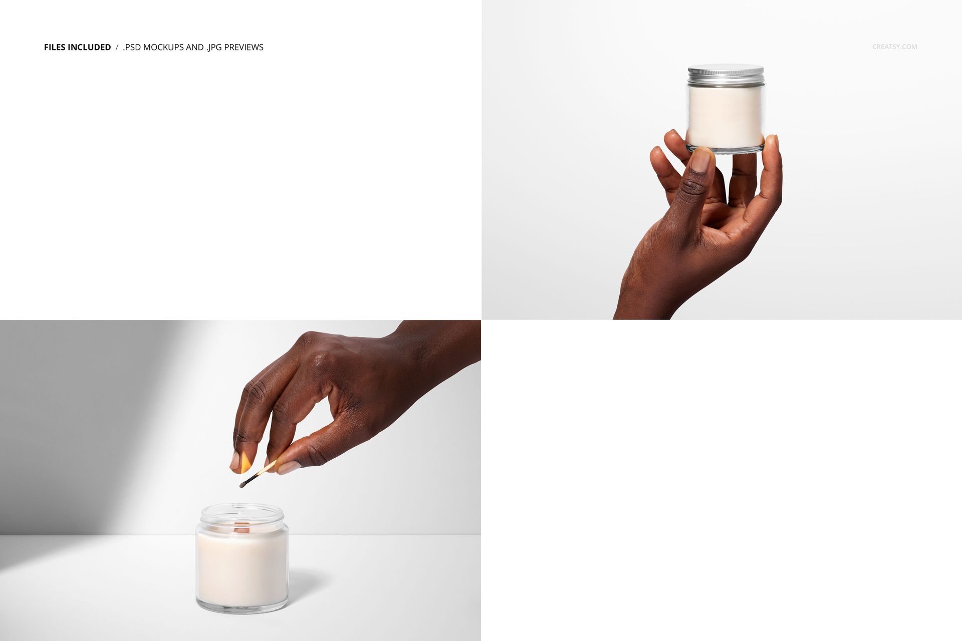 Clear glass jar candle with a silver lid held in a hand, shown on a white background in a front view mockup.