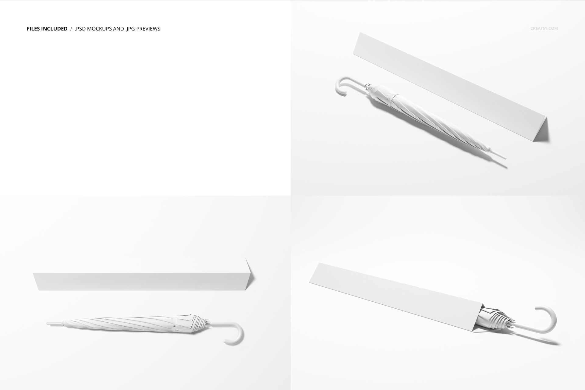 White umbrella and rectangular packaging box displayed from various angles on a clean, light background in a mockup set.