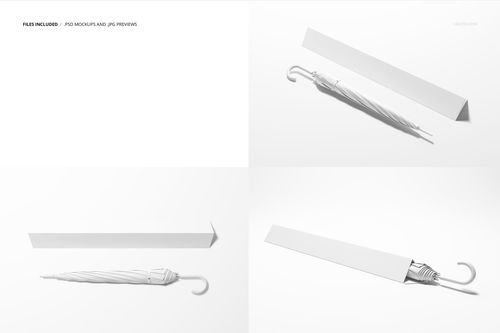 White umbrella and rectangular packaging box displayed from various angles on a clean, light background in a mockup set.