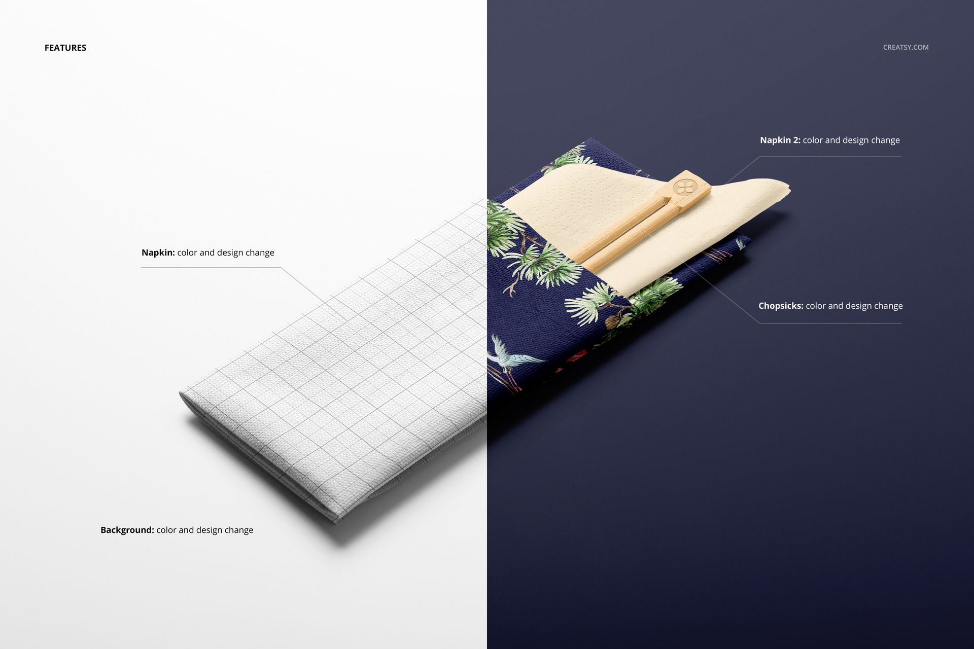 Chopsticks and napkin mockup set showing a folded napkin with grid pattern and wooden chopsticks on a split background.