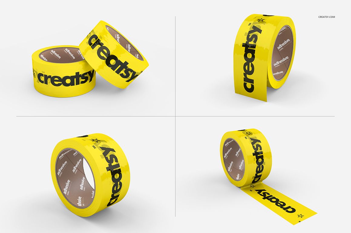 Packing tape mockup set featuring yellow rolls with black text, shown from multiple angles on a plain background.