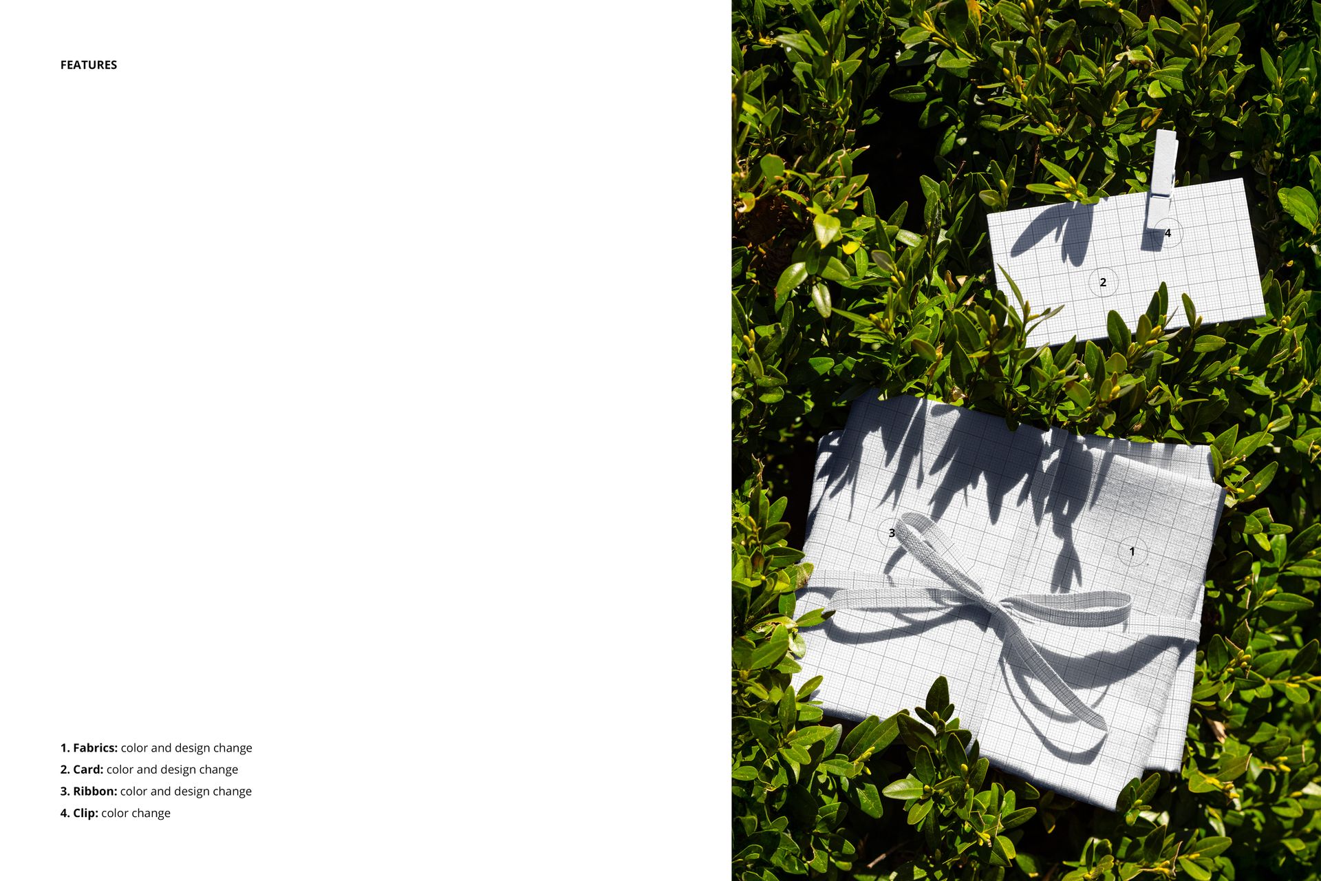 PSD mockup showing rectangular fabric samples and a card with grid design nestled among leafy green shrubs.