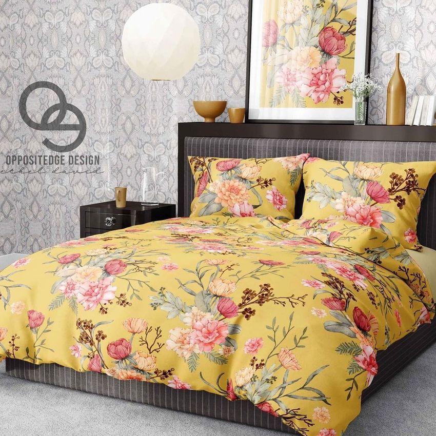 Bedroom bedding mockup featuring a mustard yellow duvet and pillows with a detailed autumn botanical floral pattern.
