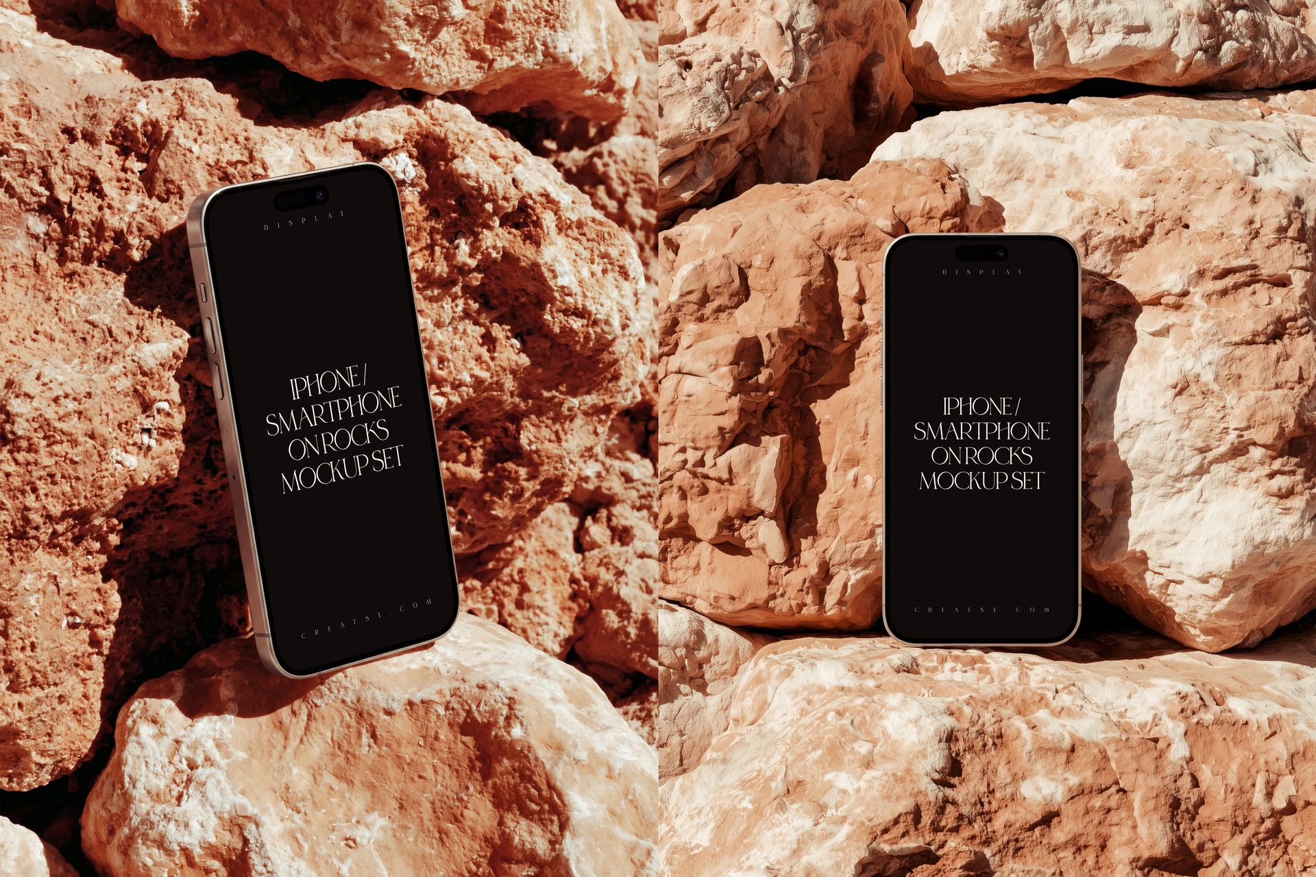 PSD mockup featuring an iPhone smartphone standing on rugged brown rocks, captured from two different perspectives.