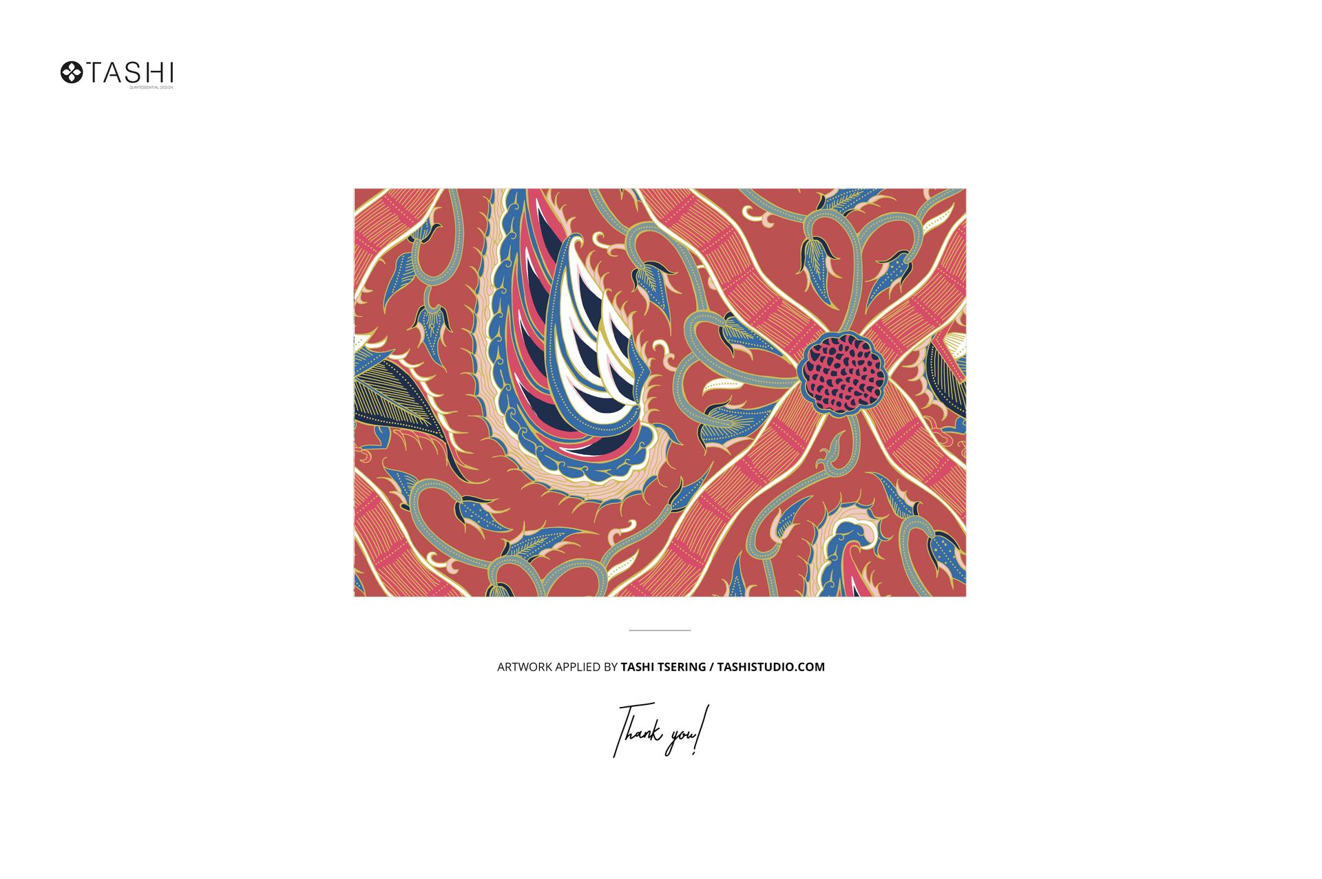 Rectangular fabric mockup featuring a vibrant paisley pattern in red, blue, green, and gold tones, viewed from above.