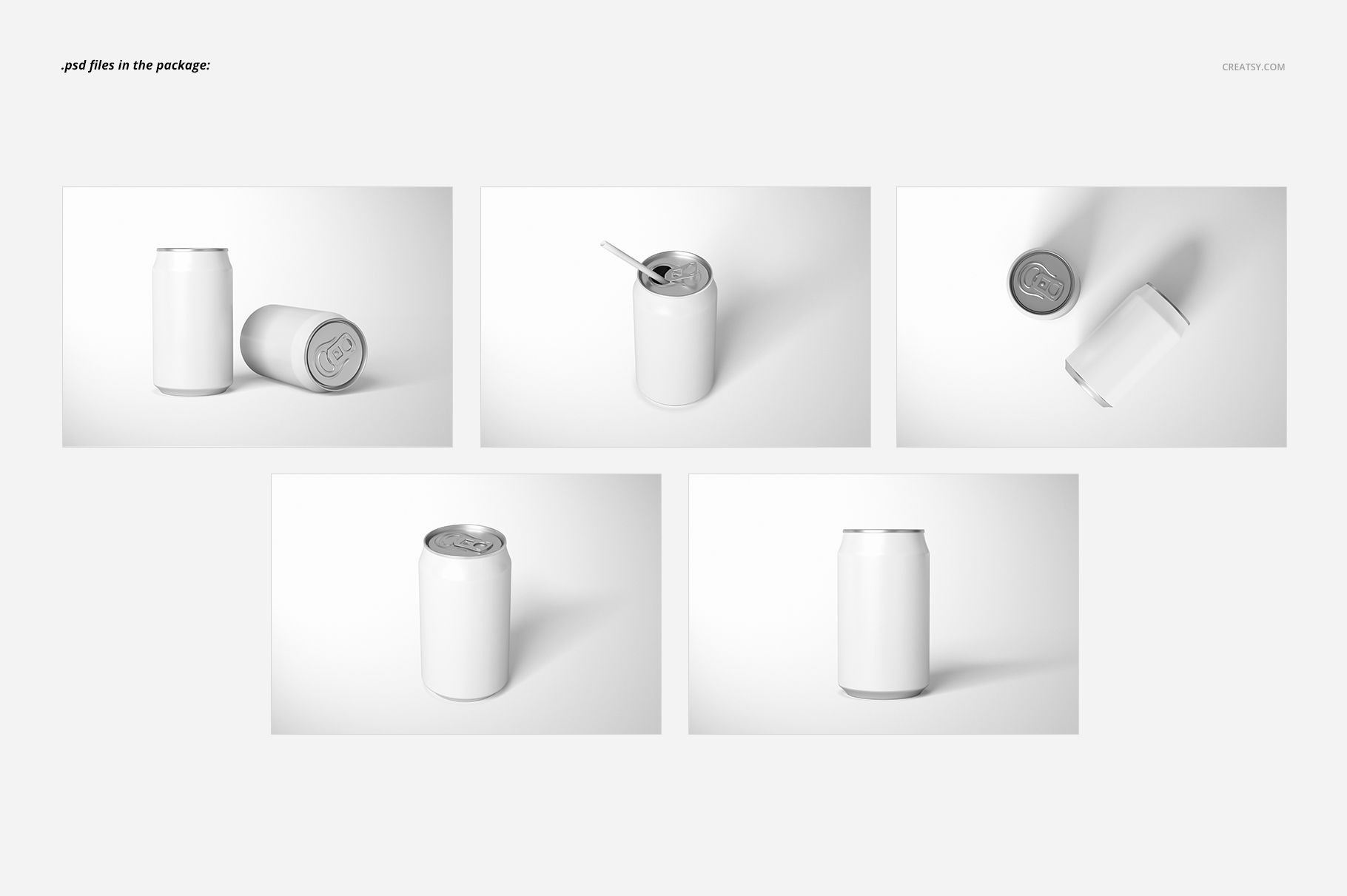 Set of five aluminum drink can mockups in different angles, featuring blank white surfaces and minimal shadows.