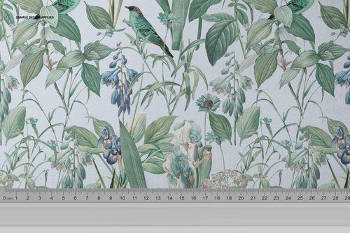 Curtains upholstery fabric mockup featuring a botanical pattern with green leaves, flowers, and birds in a front view.