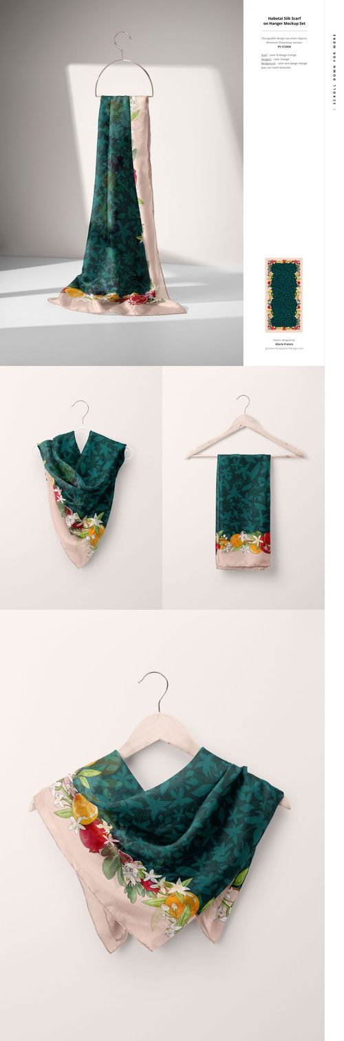 Silk scarf mockup featuring a green patterned fabric with floral border, displayed on a hanger in a minimalist setting.