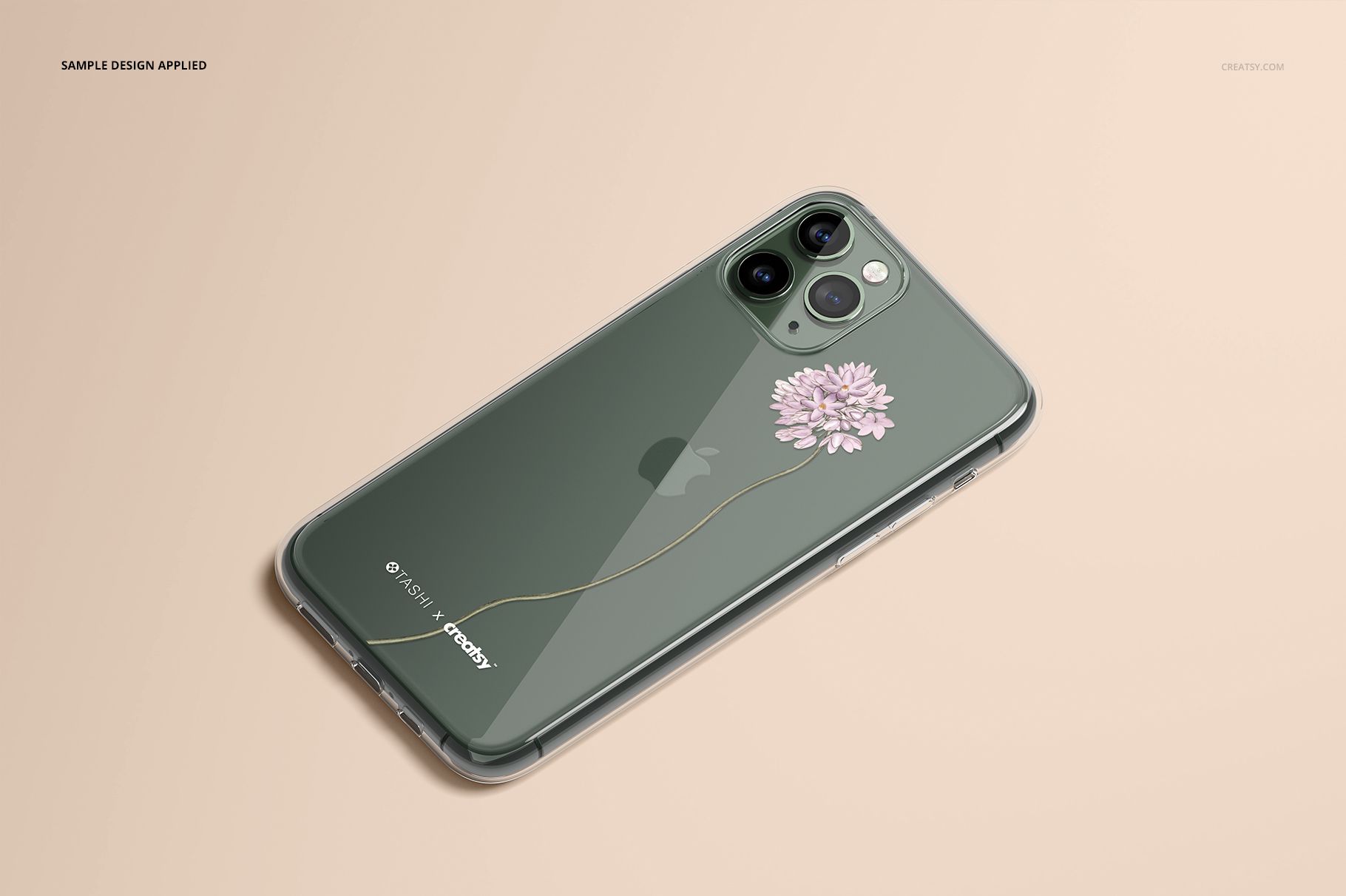 iPhone 11 Pro with transparent case and pink flower artwork, shown in a realistic PSD mockup on a neutral background.