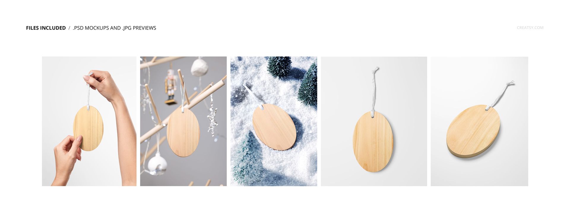 Oval wooden Christmas ornaments shown in various mockup scenes, featuring natural wood grain and different backgrounds.