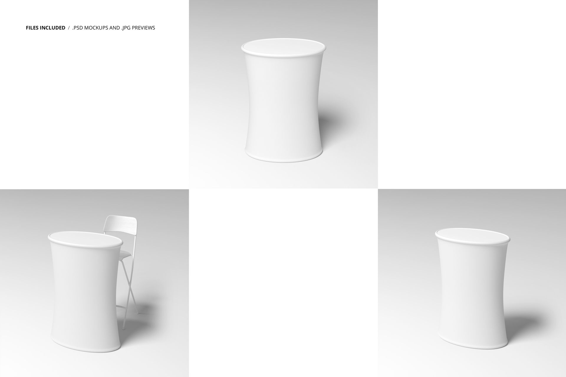 Elliptical trade show counter mockup with smooth white surface, shown from front and angled perspectives in studio lighting.