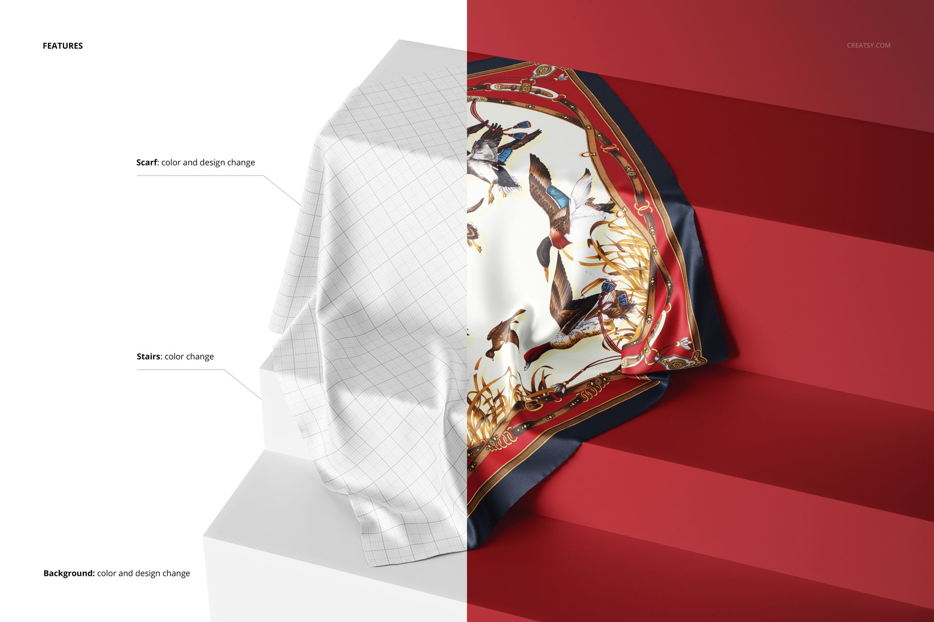 Mockup of a silk scarf on red stairs, half displaying a customizable grid and half a vibrant print with birds and gold accents.