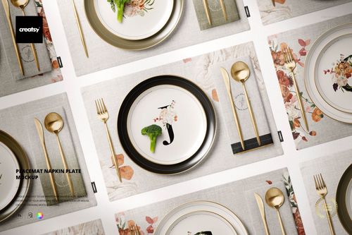 Top view of placemat, napkin, and plate mockup set with floral patterns and gold cutlery on a light surface.
