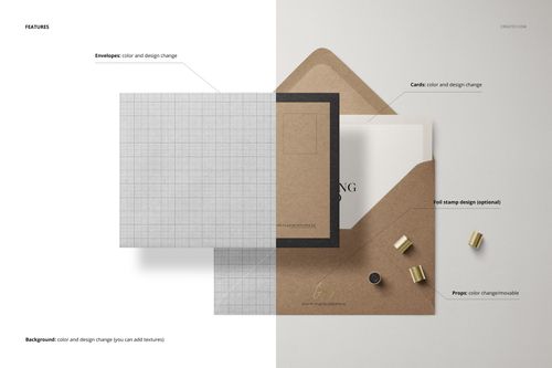 C6 kraft paper envelope mockup set shown from a top view, featuring a brown envelope, card insert, and gold props.