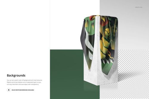 Silk scarf with abstract multicolor pattern draped over a tall marble pedestal, shown in a PSD mockup scene.