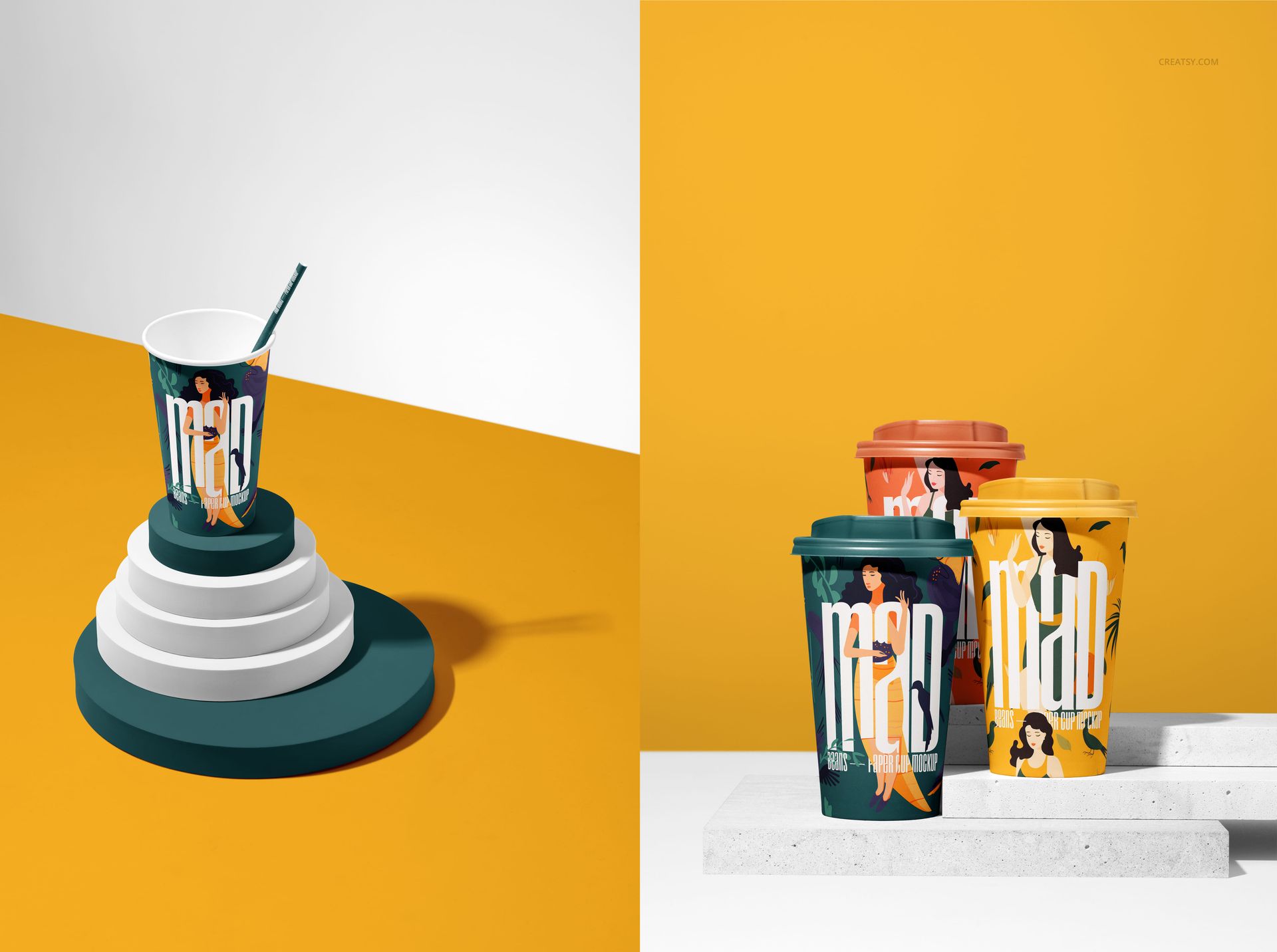 Paper cup mockup featuring a colorful cup with a straw on a tiered pedestal, shown in a bright studio setting.