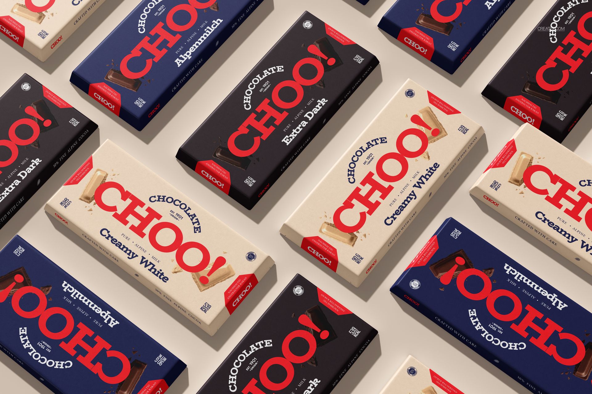 PSD mockup of chocolate bar folding boxes with bold red lettering and assorted flavors, viewed from above.