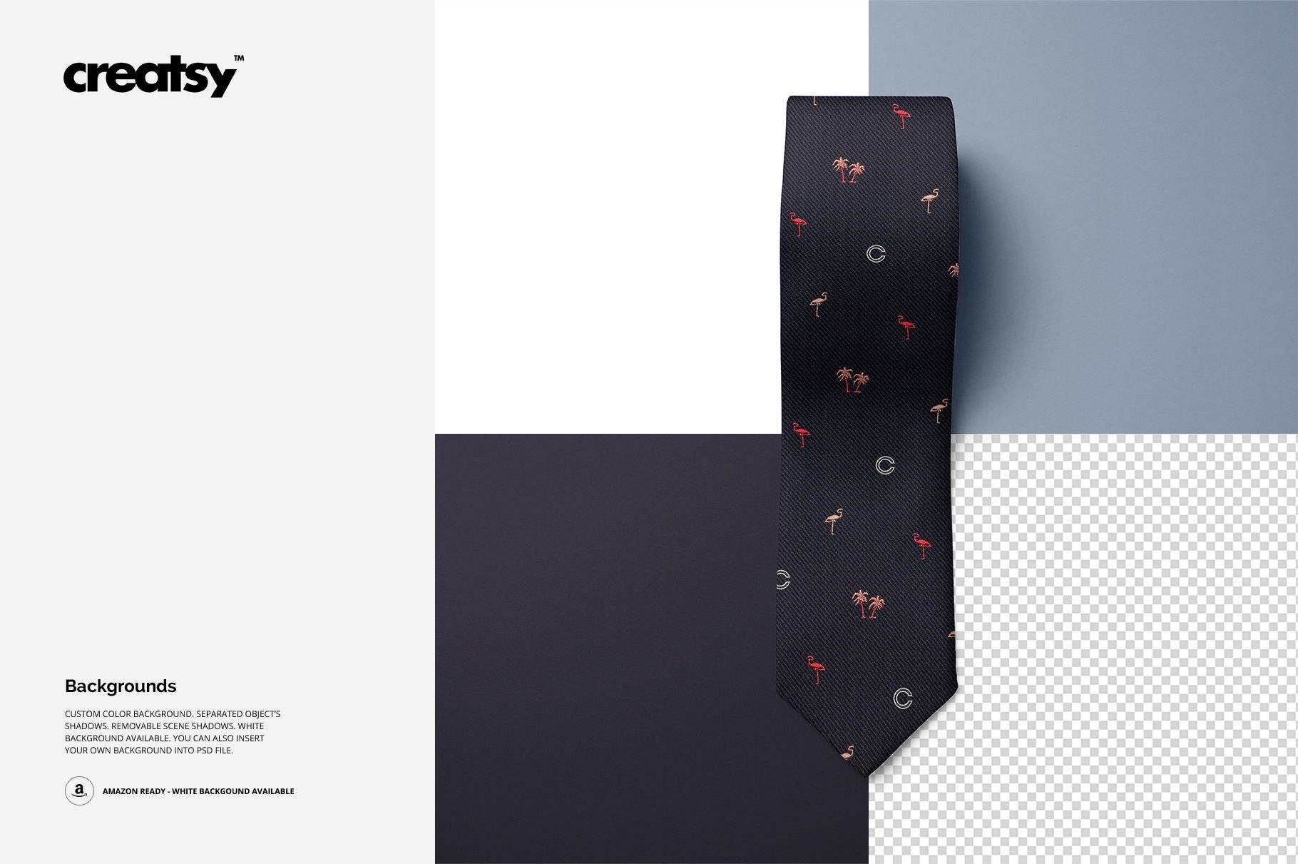 Black tie featuring subtle pattern details, shown from above on a mockup background with four color blocks.