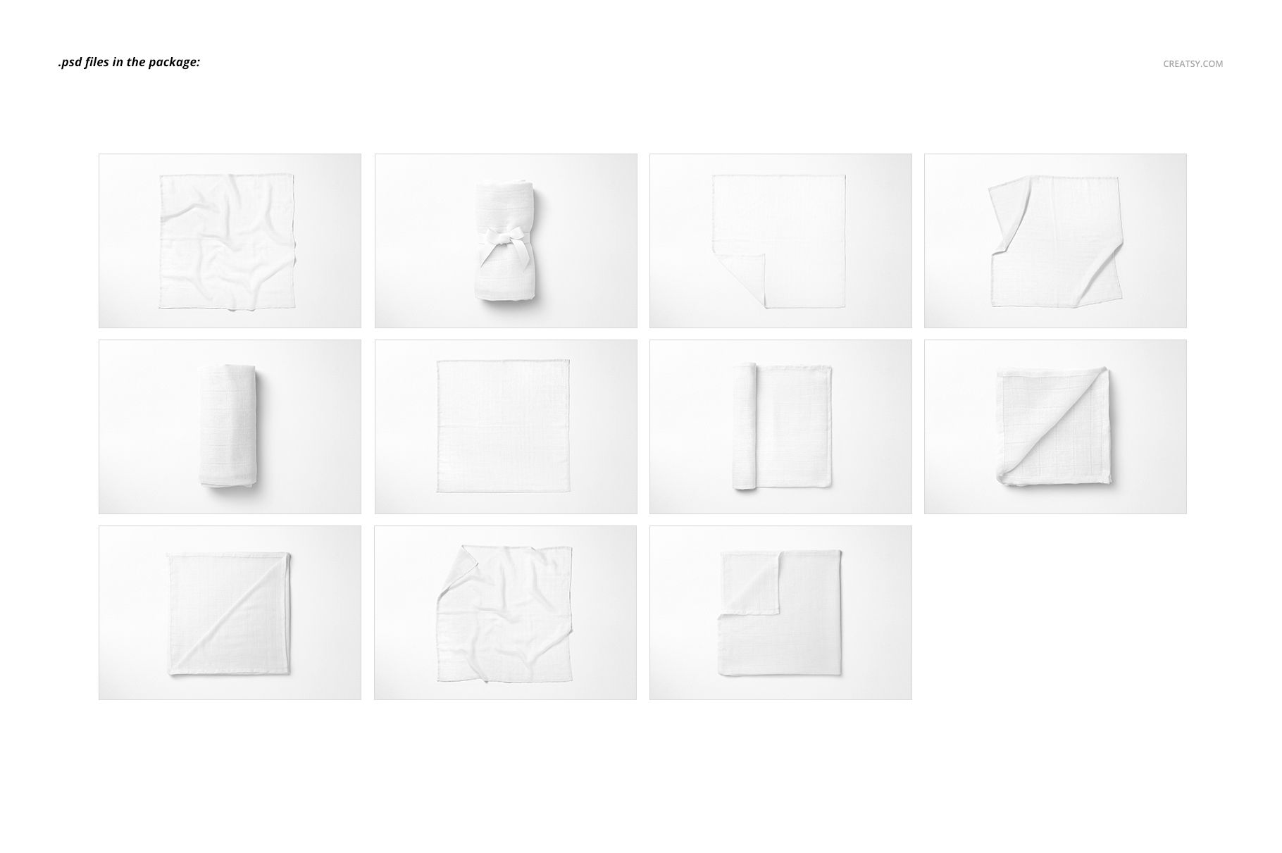 PSD mockup featuring multiple baby muslin nappies in assorted positions, all photographed from a top-down perspective.