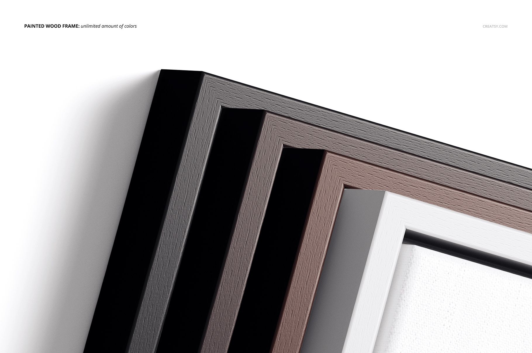 PSD mockup showing multiple canvas prints with painted wood floater frames in different neutral colors on a clean white surface.