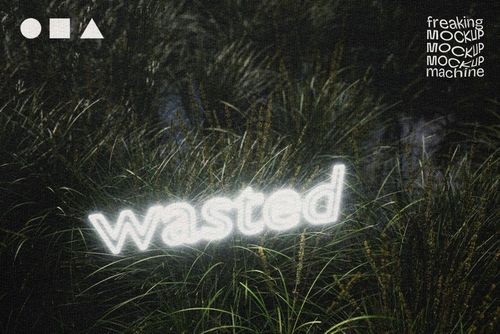 Neon-style 'wasted' text glowing in tall grass at night, with geometric icons and mockup branding in the corners.