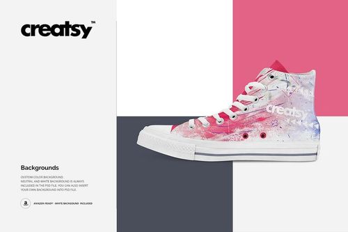 Single sneaker mockup shown from the side, featuring a mix of pink, white, and blue hues and white laces.