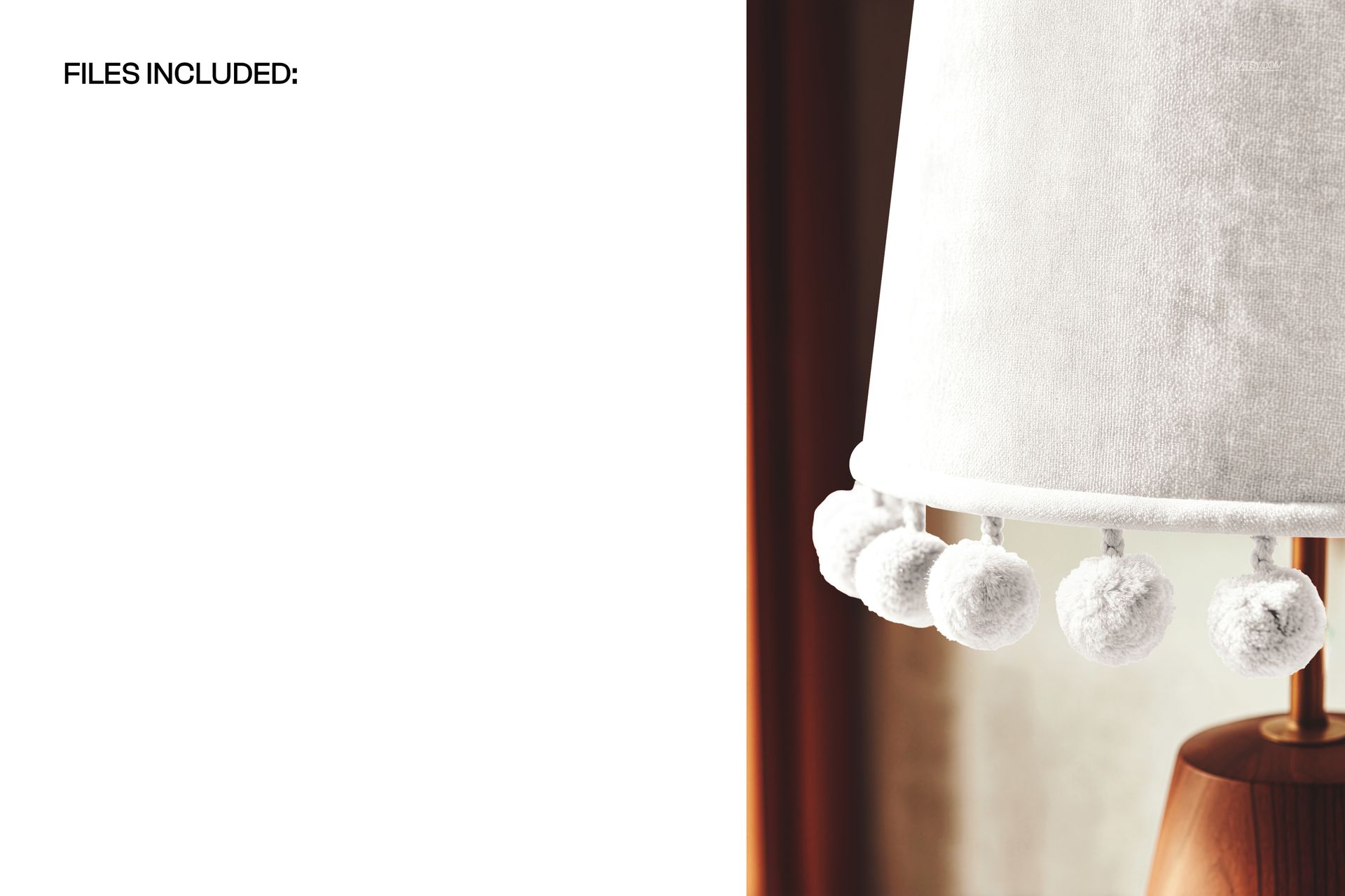 White velvet lampshade mockup featuring round pom pom trim, side view with warm background and window light.