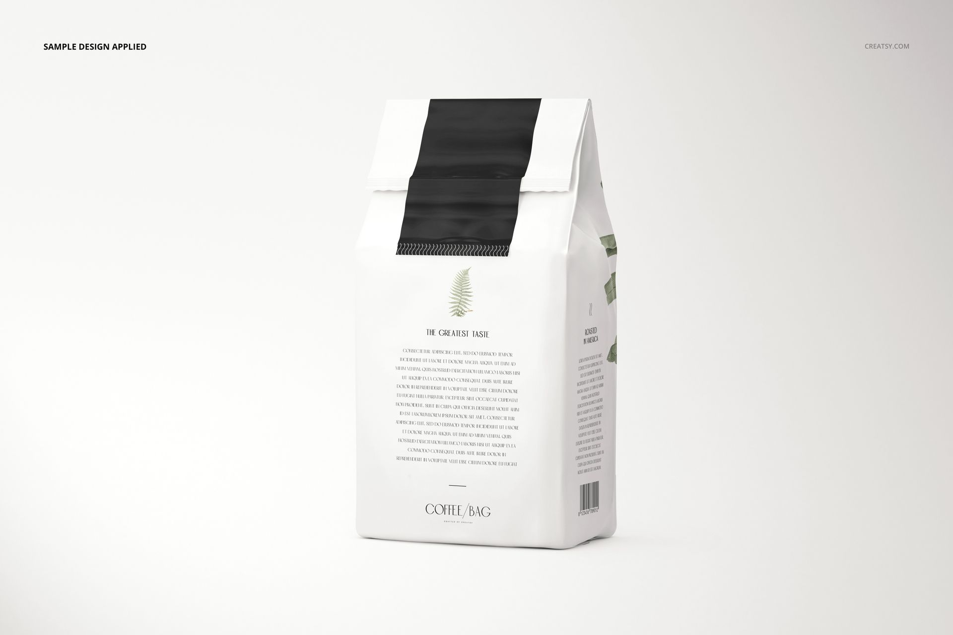 PSD mockup of a paper coffee bag featuring a white background, black accent, and simple botanical artwork.