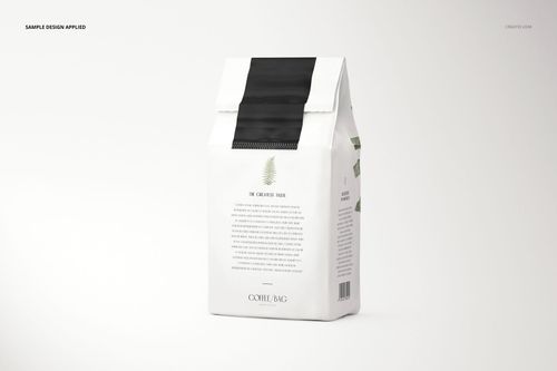 PSD mockup of a paper coffee bag featuring a white background, black accent, and simple botanical artwork.
