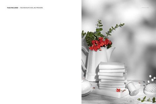 Jersey fabric stack arranged next to a white ceramic pitcher with flowers, thread spool, and sewing accessories in a mockup scene.