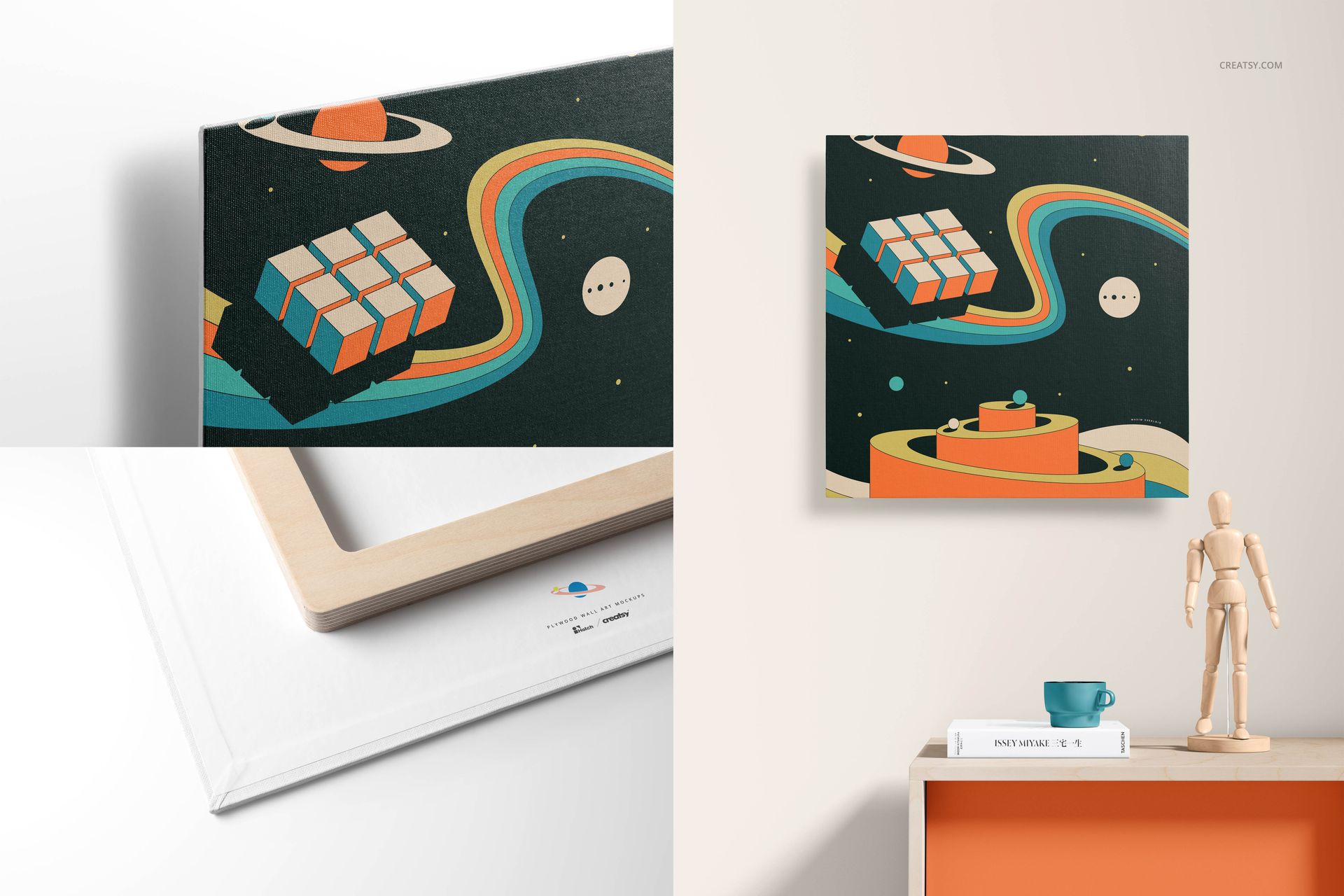 Canvas wall art mockup set featuring a retro space-themed design with Rubik's cubes and planets, shown in close-up and room view.