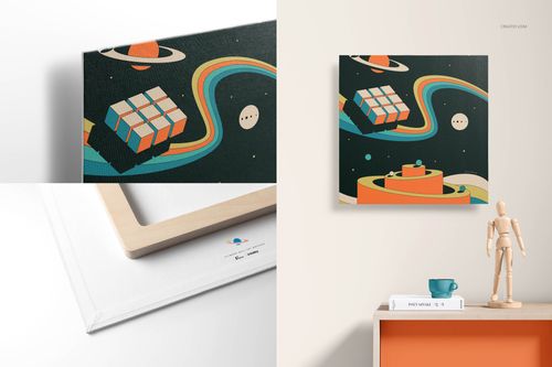 Canvas wall art mockup set featuring a retro space-themed design with Rubik's cubes and planets, shown in close-up and room view.