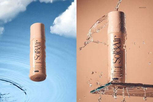 Beige cosmetics packaging mockup featuring a vertical bottle, displayed with water effects and sky background.