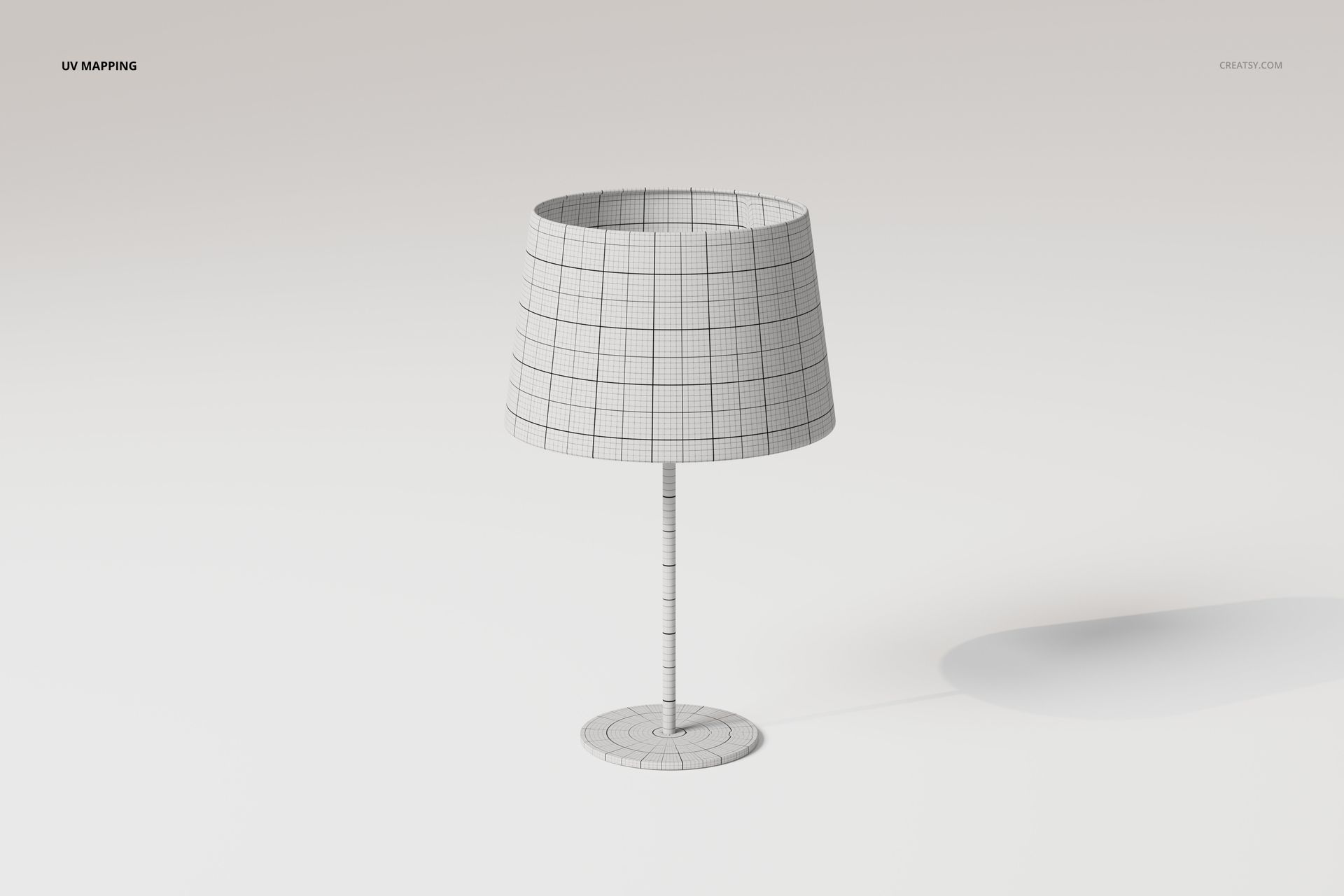 Front view of a cylindrical desk lamp 3D model with a wireframe mesh pattern on a plain light background.