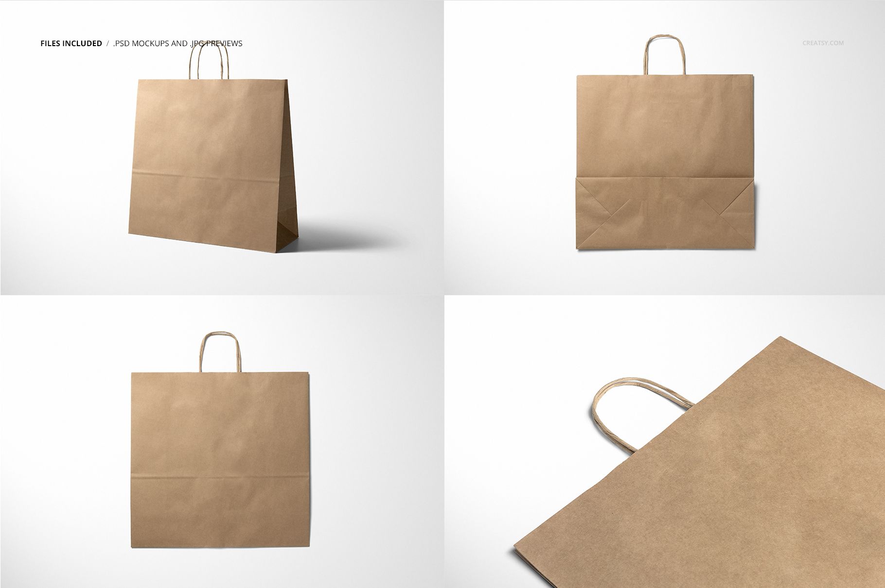 Kraft shopping paper bag mockup set featuring four views of a plain brown paper bag with handles on white background.